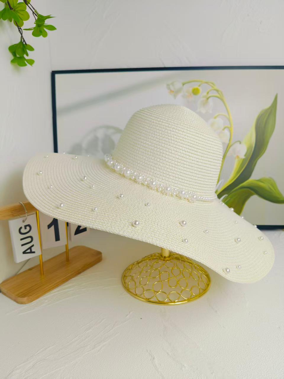 Women wide broom beaded summer hat