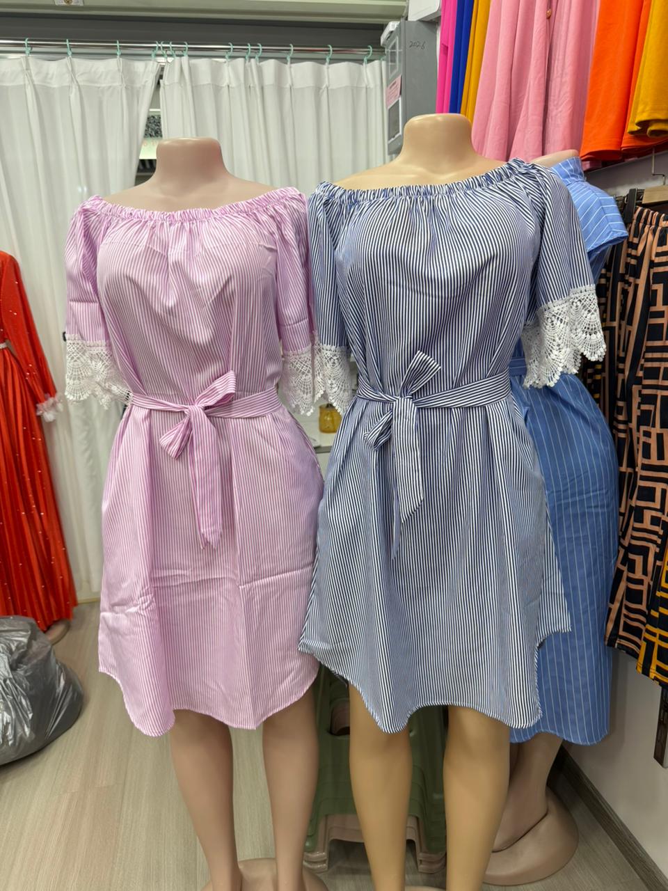 Off-Shoulder Striped Dress with Lace Detail