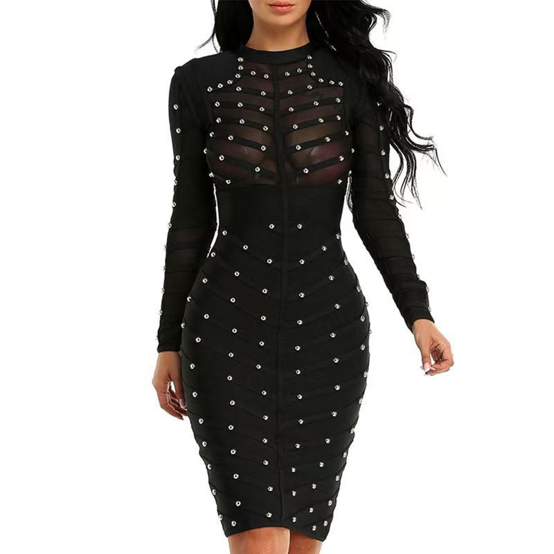 Mesh-Panel Black Rhinestone Dress