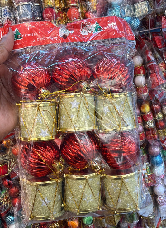 Festive Pinecone & Drum Ornament Set – 12 pcs