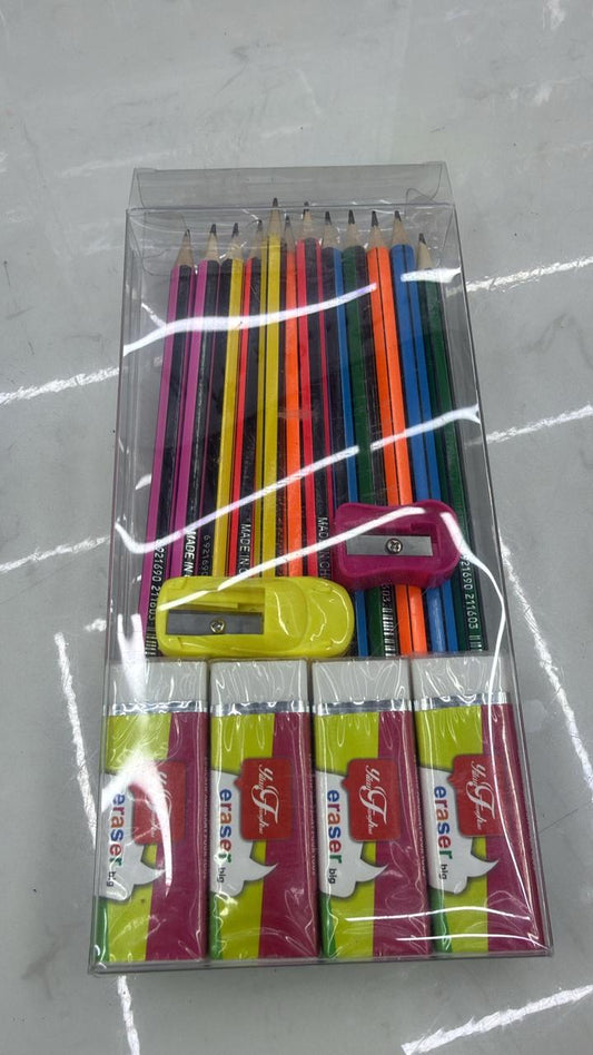 12 pcs pencil set, 2 sharpeners and 4 large rubbers