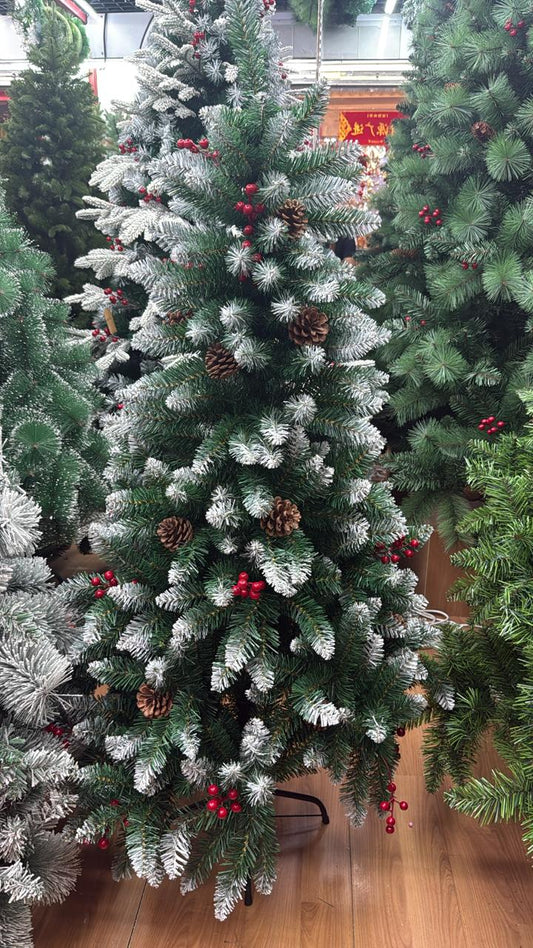 1.5m Snow-Frosted Artificial Christmas Tree – Pine Cones &amp; Red Berries | Premium Holiday Elegance