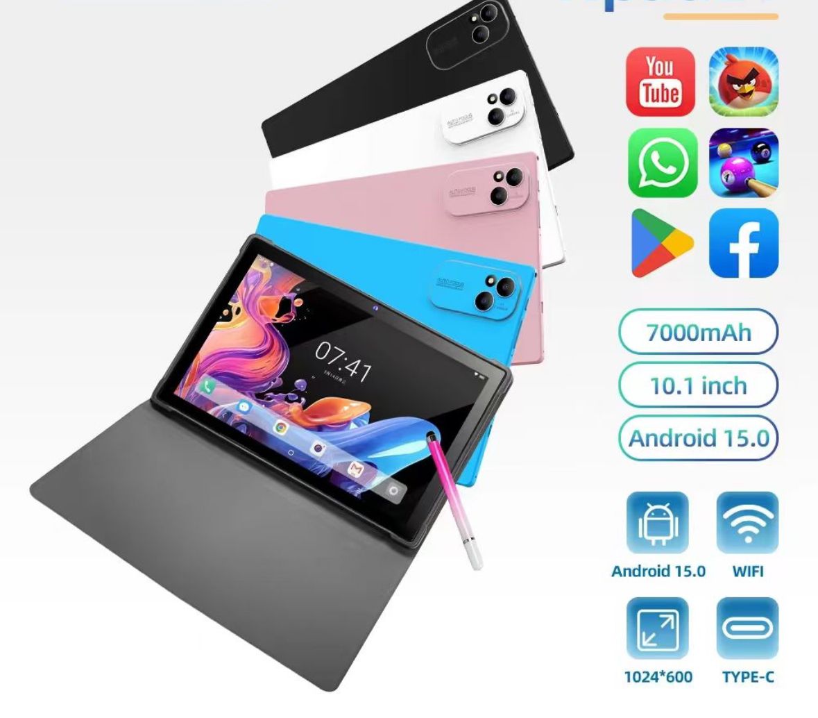 Original best quality kids' tablet. battery capacity of 7000mAh, 10.1-inch screen, android 15.0. type C charged. comes with cover