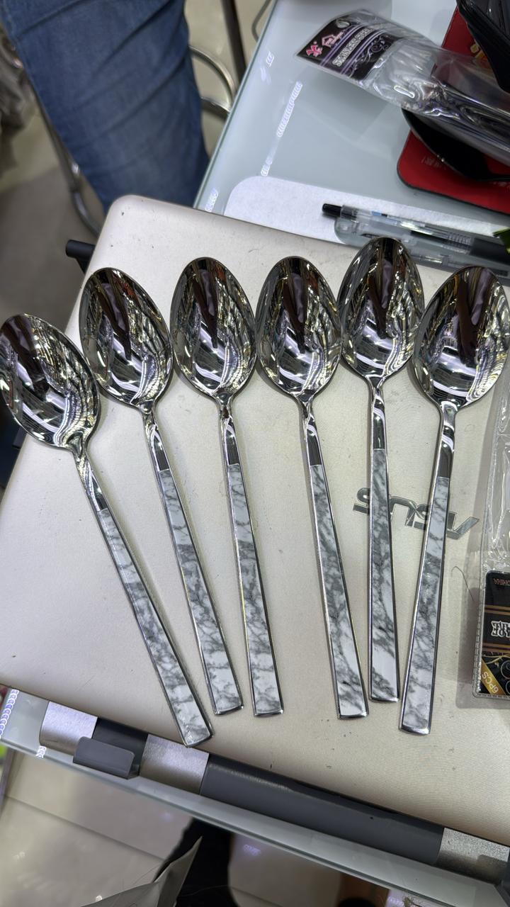 6 pcs excellent quality table spoons with black and white marble design handle