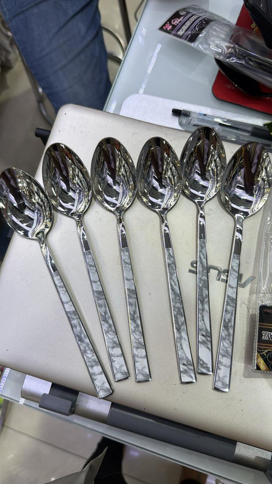 6 pcs excellent quality table spoons with black and white marble design handle