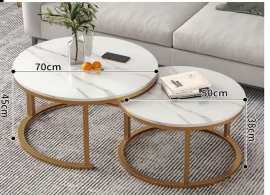 Two in one nesting table set with marble tabletop with golden stand