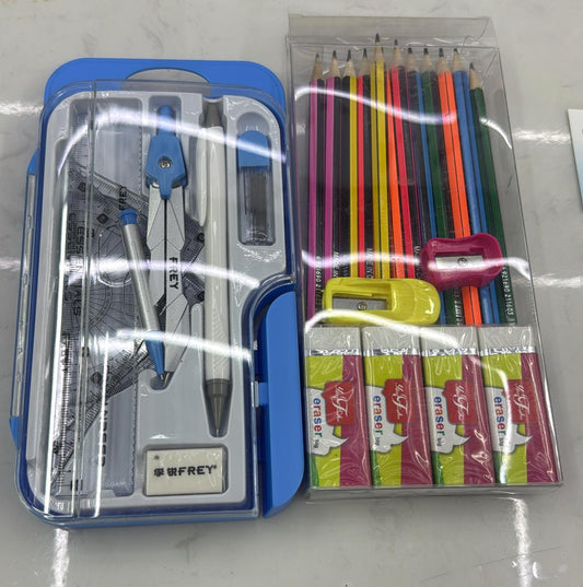 Boy set geometrical set and a pack of pencils at 500 kes.