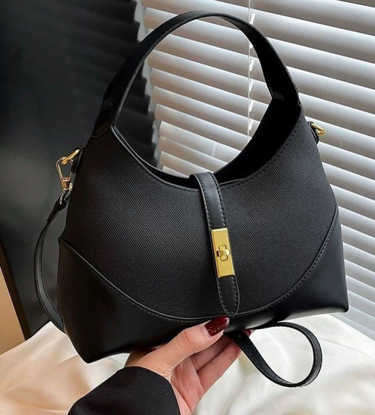 Women’s Two-Tone Canvas Leather Crossbody Shoulder Bag – Black & Brown Stylish Handbag with Gold Lock