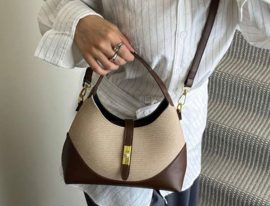Women’s Two-Tone Canvas Leather Crossbody Shoulder Bag – Black & Brown Stylish Handbag with Gold Lock