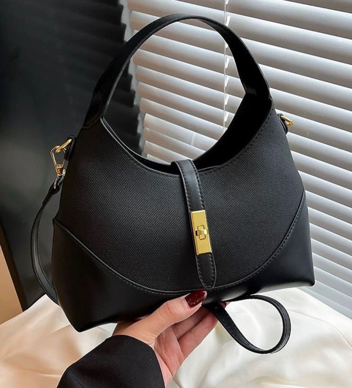 Women’s Two-Tone Canvas Leather Crossbody Shoulder Bag – Black & Brown Stylish Handbag with Gold Lock
