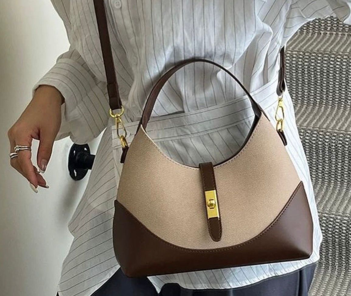 Women’s Two-Tone Canvas Leather Crossbody Shoulder Bag – Black & Brown Stylish Handbag with Gold Lock