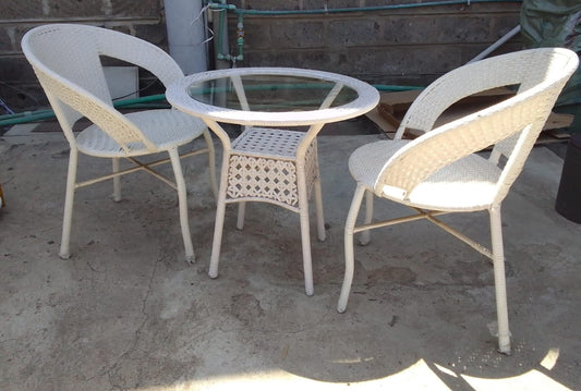 3-Piece White Woven Patio Set – Round Glass Table + 3 Chairs