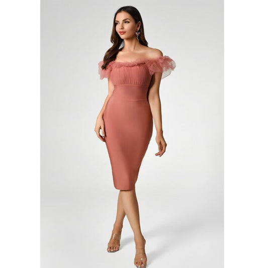 Elegant Off-Shoulder Tulle Accent Midi Dress – Muted Rose