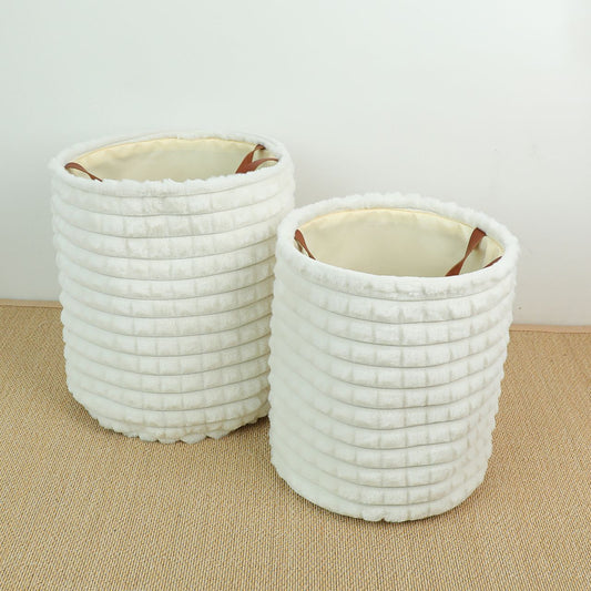 Plush White Storage Baskets with Leather Handles