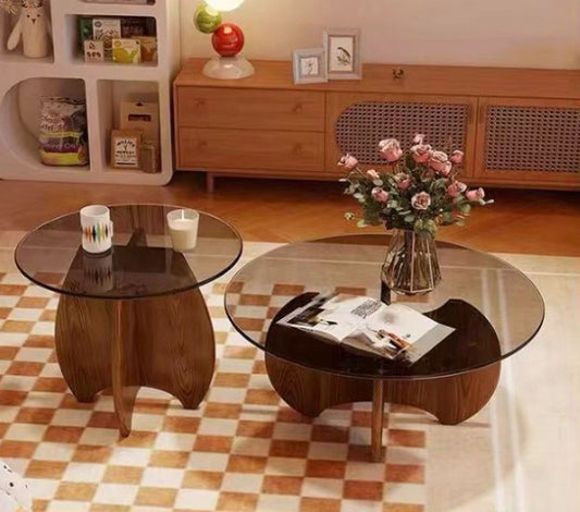 Round Glass Coffee Table Duo – Natural Wood Base