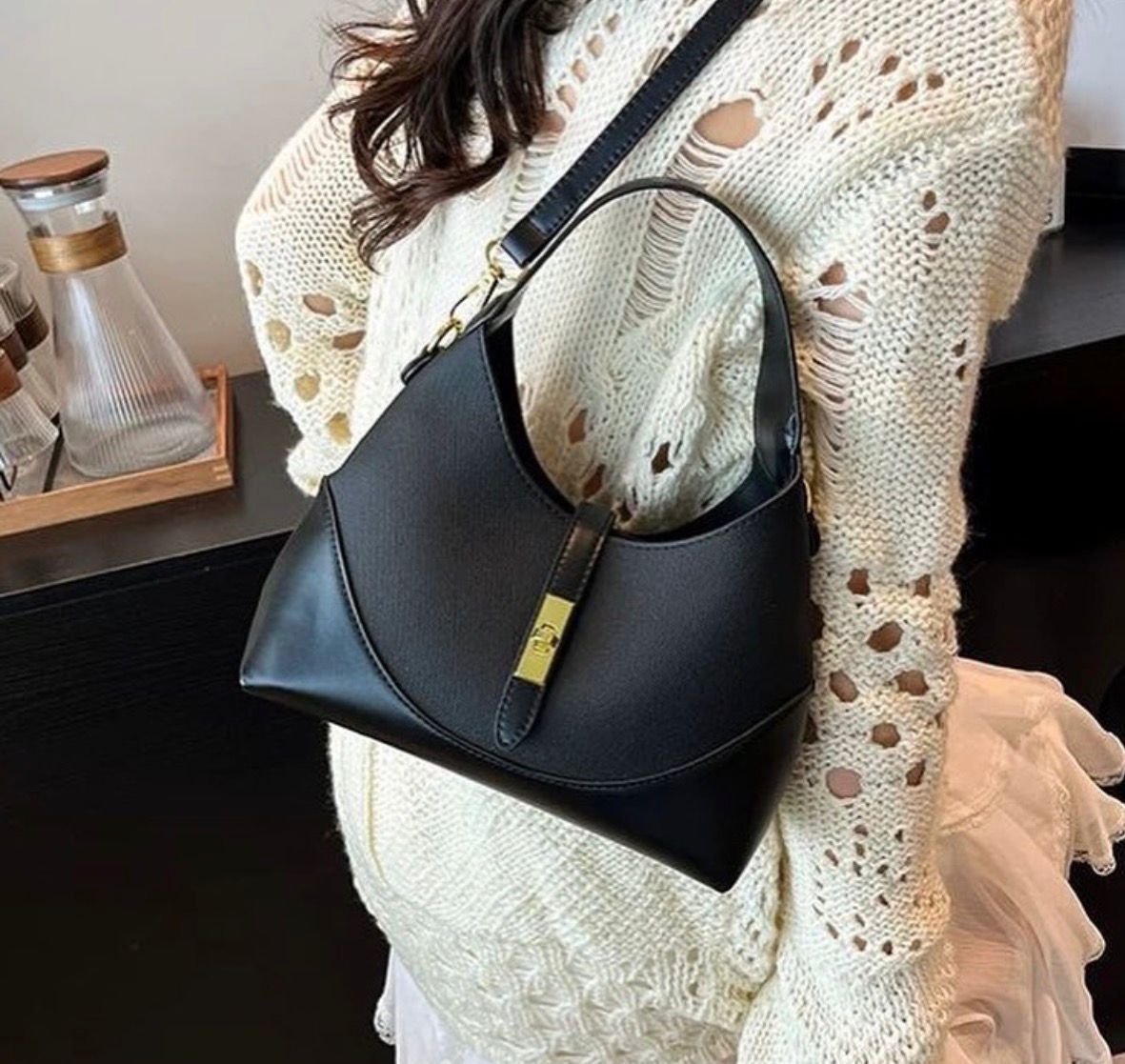 Women’s Two-Tone Canvas Leather Crossbody Shoulder Bag – Black & Brown Stylish Handbag with Gold Lock