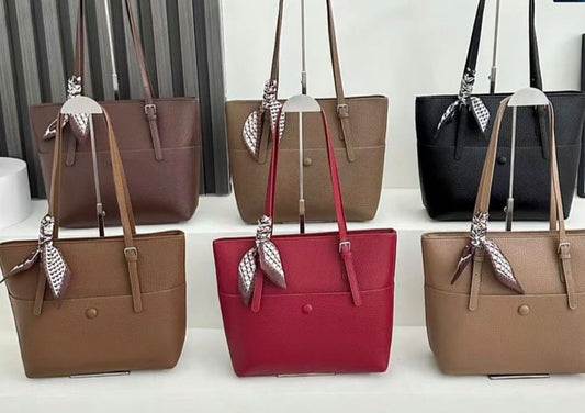 Elegant Leather Tote Bag with Scarf Accent