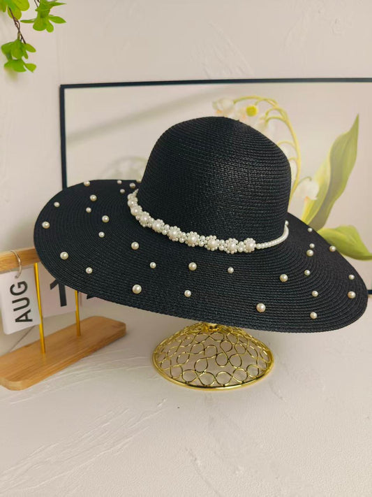Women wide broom beaded summer hat