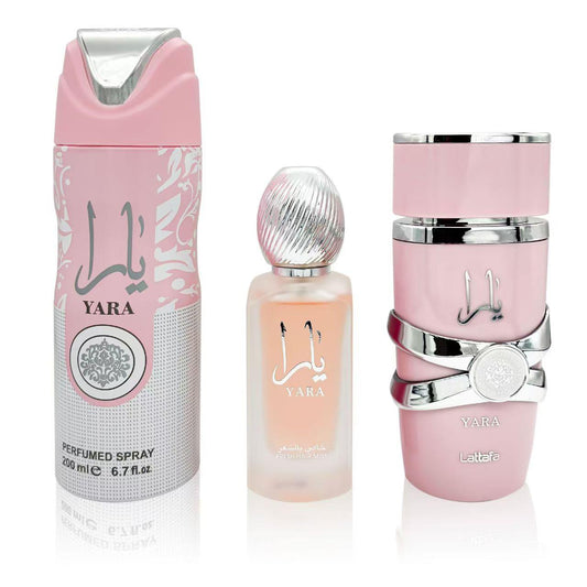 Yara 3 pack, has 100ml perfume, yara deodorant and Yara hair perfume