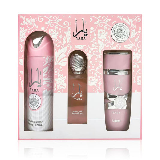 Yara 3 pack, has 100ml perfume, yara deodorant and Yara hair perfume