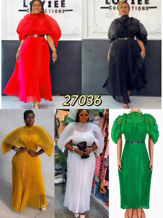 Pleated High-Neck Belted Dress