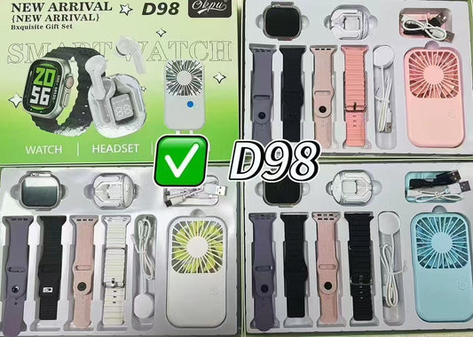 D98 smartwatch. Comes with strap, ear pods, wireless charger and a classy portable fan.