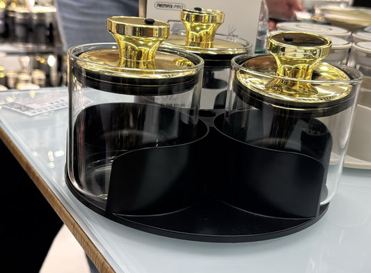 3 pc sugar dish set. Black and golden lid. very classy