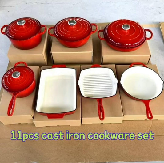 11pcs high-quality cast iron cookware. Available in red, black, grey and white