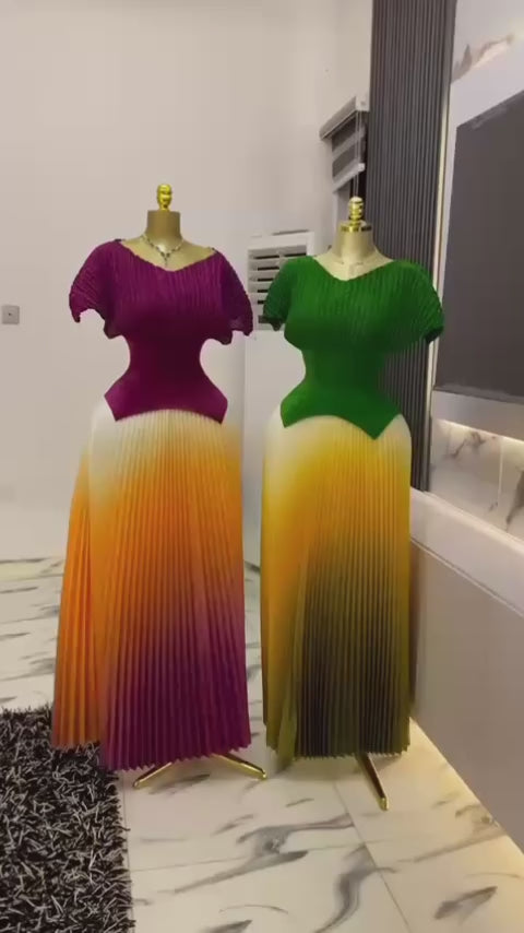 Gradient Pleated Midi Dress – Magenta &amp; Green Variants