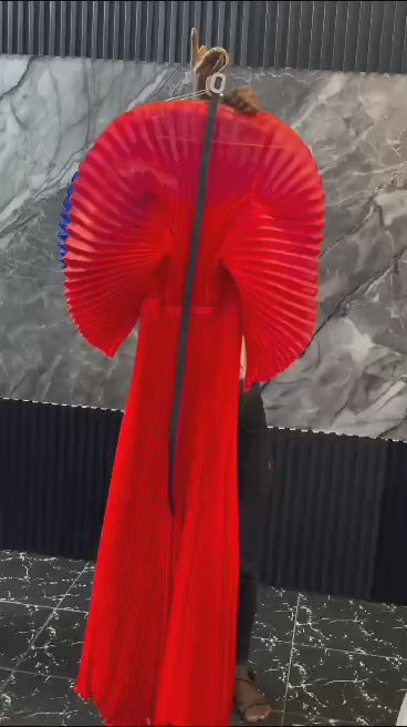 Pleated High-Neck Belted Dress