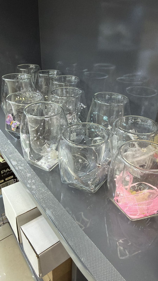 Beautiful stand alone double wall glasses with beautiful insert details 2pcs
